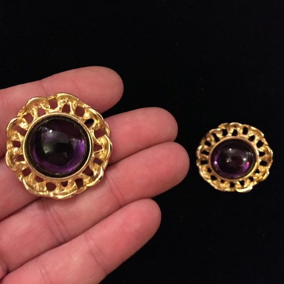 Pierced Earrings Vintage Retro Purple Convex Gold - Picture 6 of 9